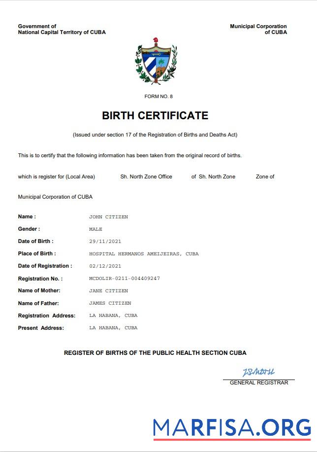 Downloadable Cuba vital record birth certificate Word and PDF template